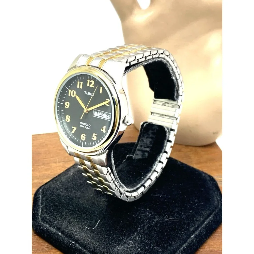 Timex Men's Watch T26481 Quartz 35mm Gray Dial Indiglo Two Tone Stretched Band